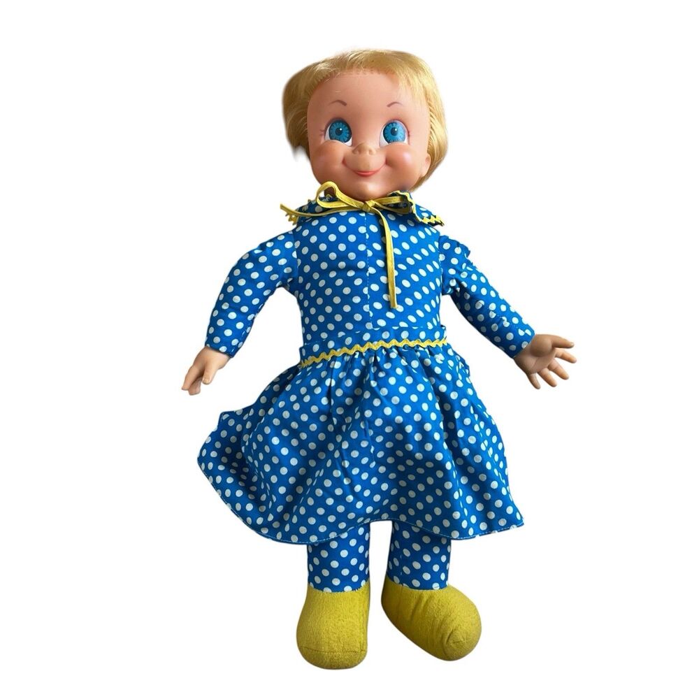 Vintage 1967 Mattel Mrs Beasley Doll Family Affair Blue Polka Dot Dress 21 inch